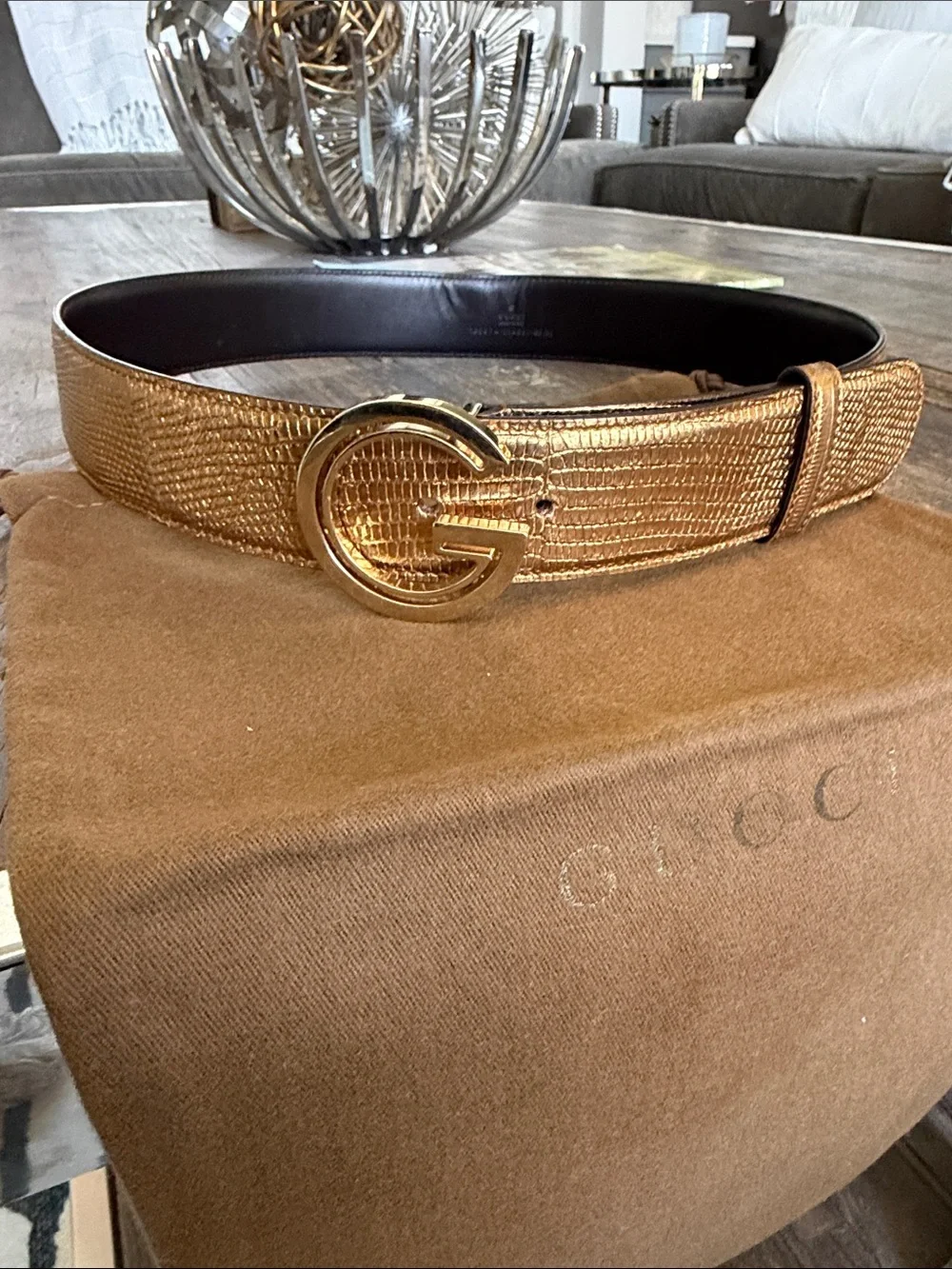 Gucci Bronze Gold Textured Leather Belt with 'G' Logo Buckle